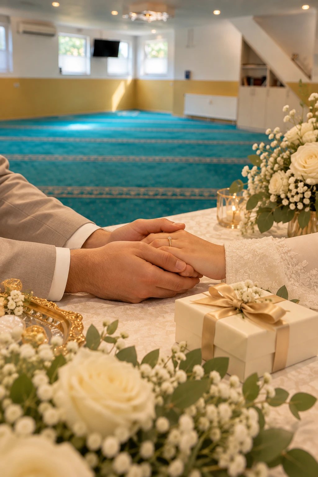 Hände eines Paares bei der Eheschließung in der Moschee, Blumen und Ringe auf dem Tisch