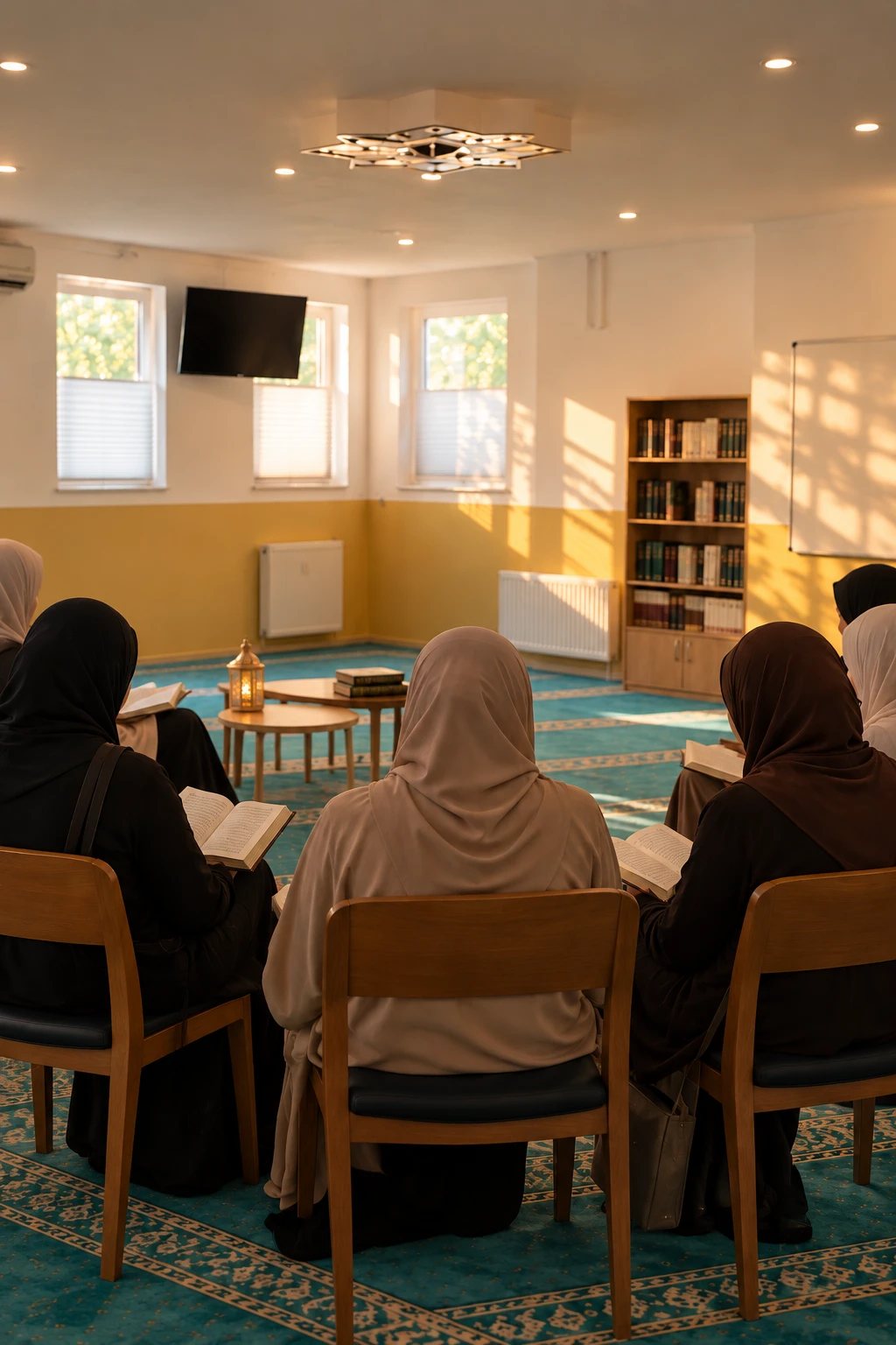 Frauen sitzen im Kreis auf Stühlen und lesen gemeinsam in Büchern