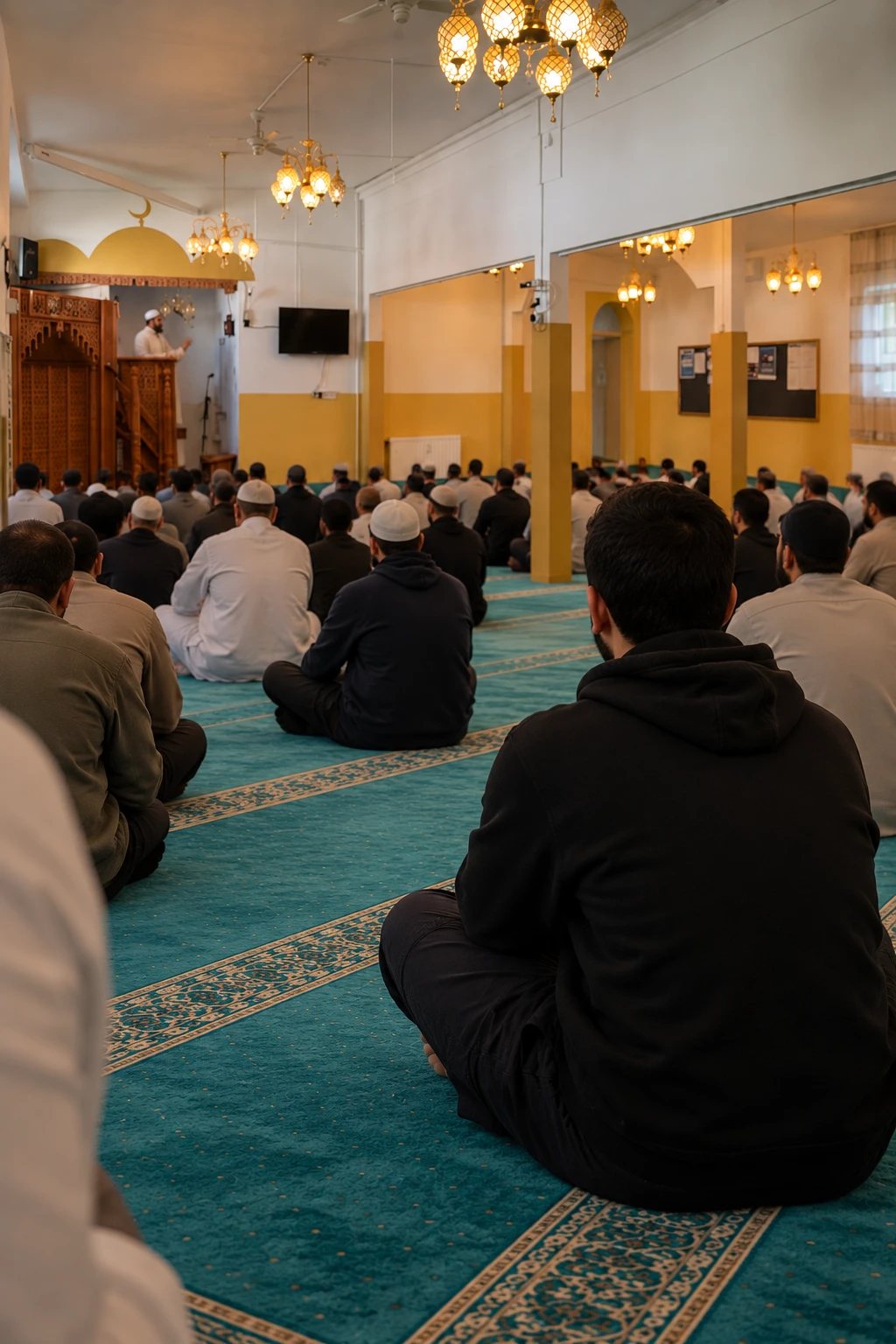 Gemeinde sitzt beim Freitagsgebet, der Imam hält die Predigt am Minbar