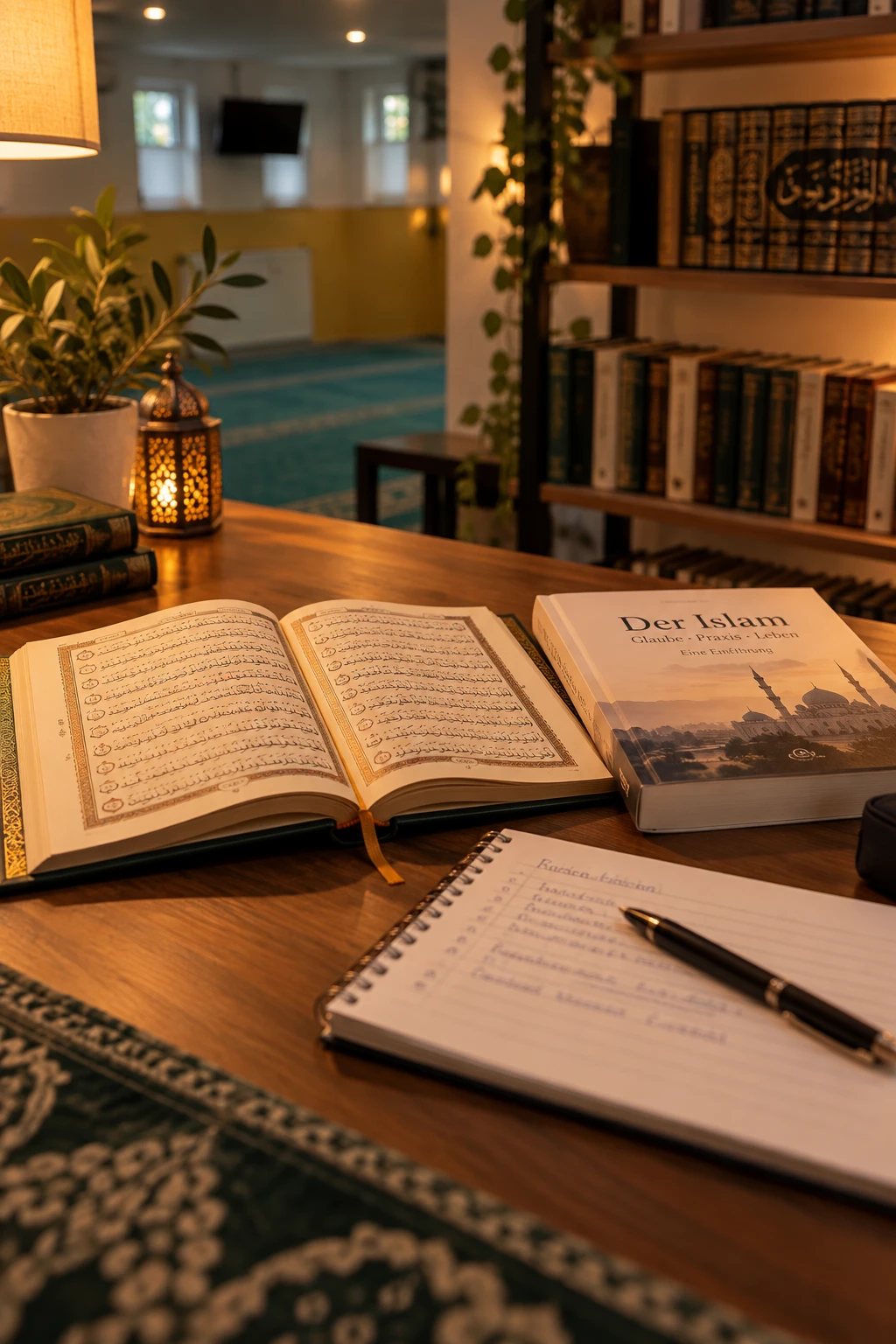Offener Quran, deutsches Buch über den Islam und Notizblock auf einem Holztisch