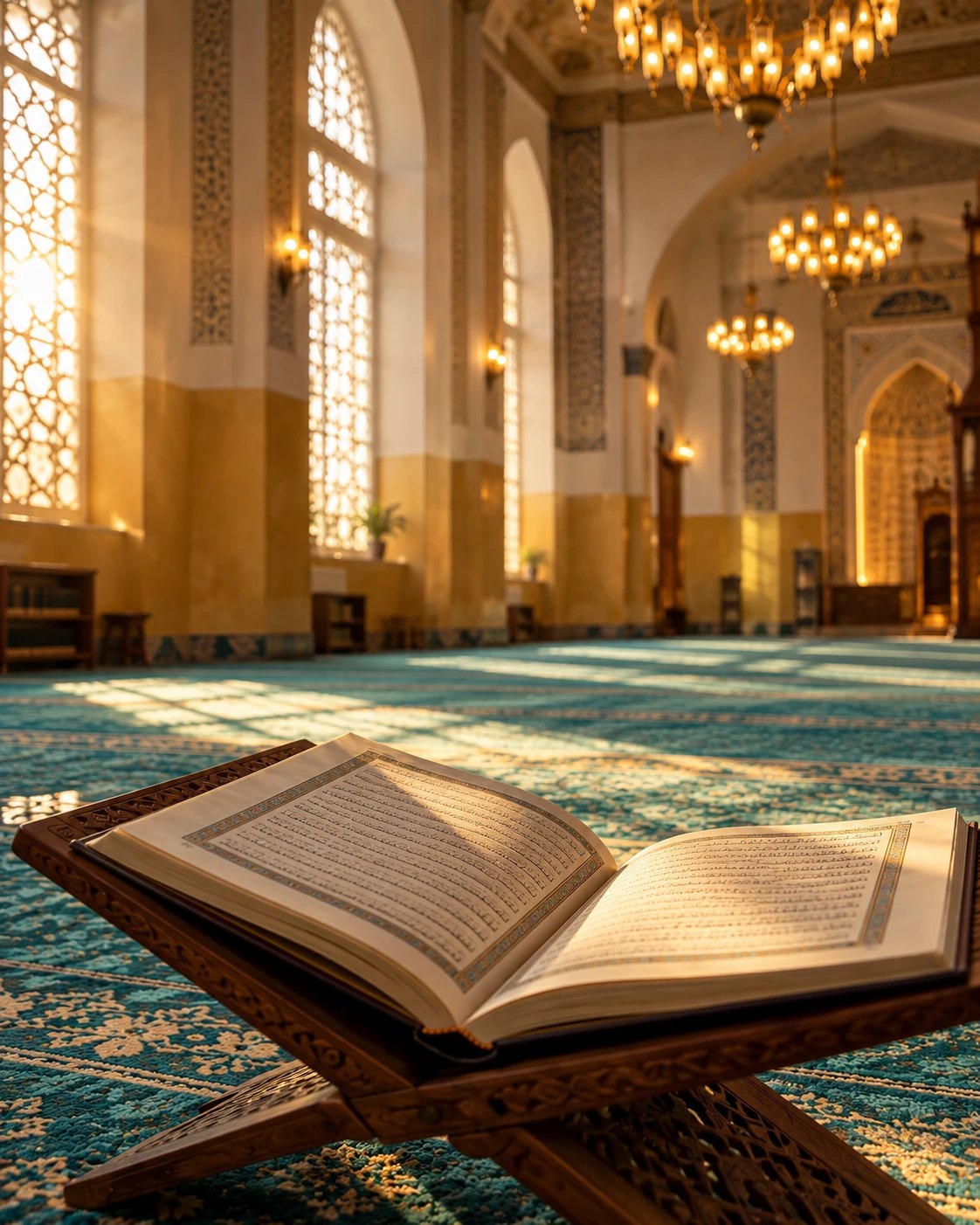 Aufgeschlagener Koran auf einem Holzständer in einem lichtdurchfluteten Moscheesaal