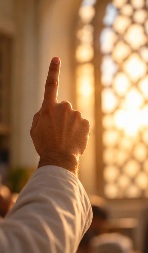 Erhobener Zeigefinger vor einem Moscheefenster im goldenen Gegenlicht
