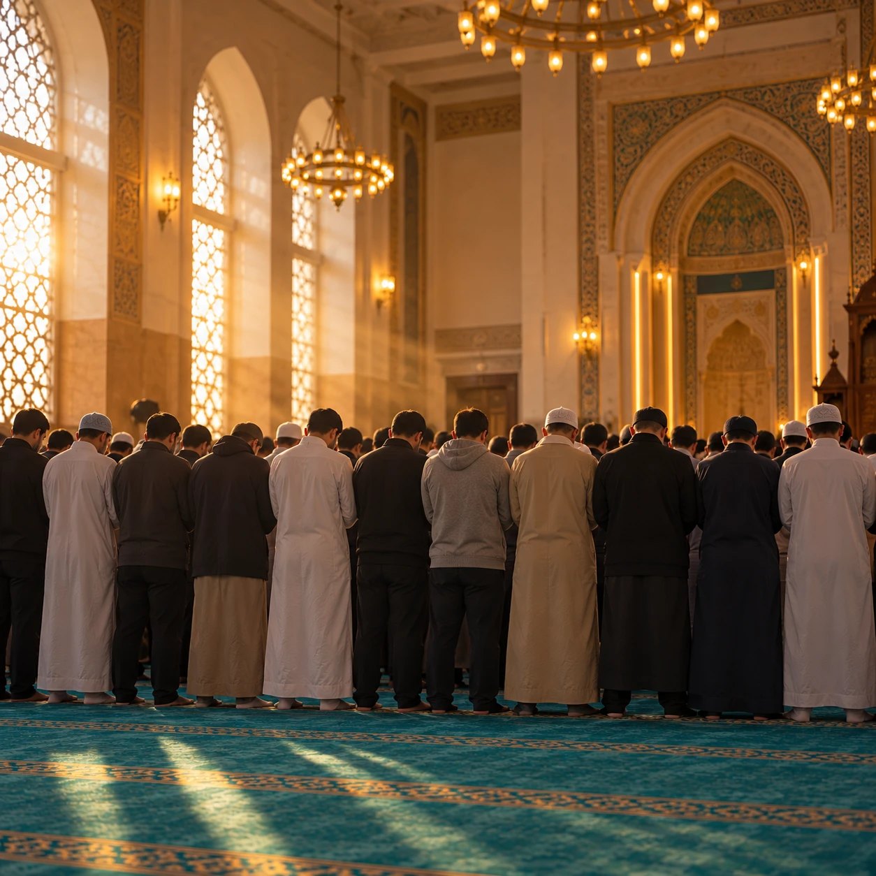 Gemeinde im Gebet in einer Moschee, Männer stehen in einer Reihe vor dem Mihrab