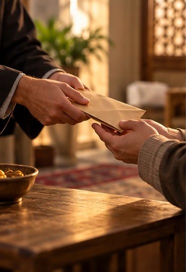 Hände überreichen einen Umschlag, Zeichen der Armenabgabe Zakat