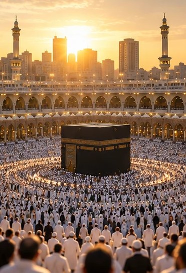 Pilger in weißen Gewändern umkreisen die Kaaba bei Sonnenaufgang